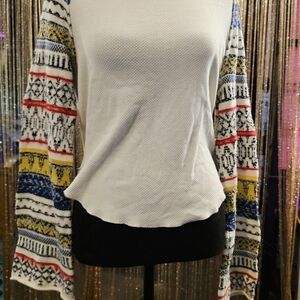 Free People White Blouse with Colorful Patterned Sleeves